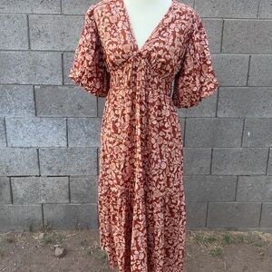 SOLD Brown and Cream Smocked Floral V-neck Maxi Dress